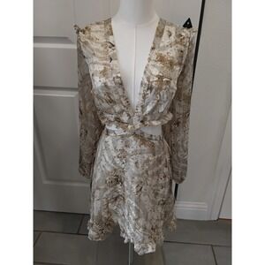Glamaker Women Neutral Abstract Print Cut Out Lace Up Back Mini Dress Small NEW